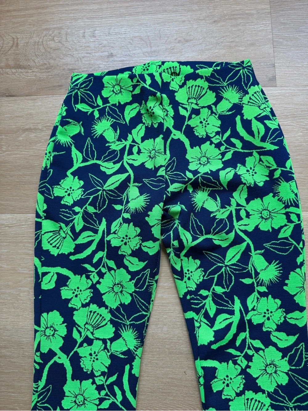 Zara Navy & Bright Green Floral High-Waist Flare Pants